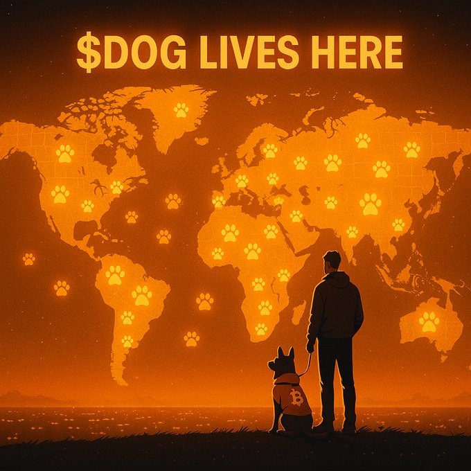 Digital artwork with the text '$DOG LIVES HERE' above a world map marked with paw prints, featuring a person standing with their dog wearing a Bitcoin-themed collar.