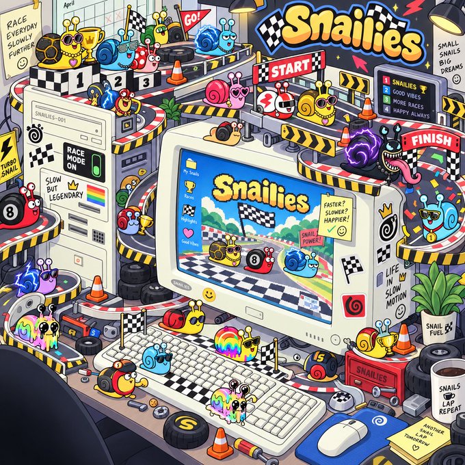 A vibrant cartoon illustration depicts a 'SNAILIES' racing game featuring colorful snails on tracks, trophies, and a computer monitor displaying the game interface.