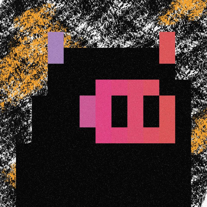 A pixel art illustration featuring a black character or structure with pink and purple geometric shapes resembling glasses, set against a textured orange, black, and white background.