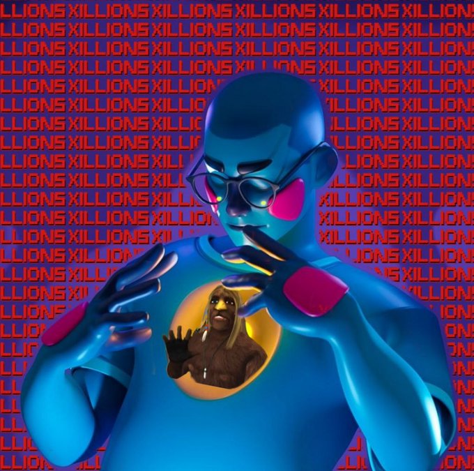 A 3D-rendered blue character with sunglasses gestures toward a smaller figure within a glowing orb, set against a background repeating the word 'XILLIONS'.