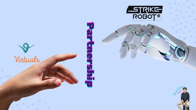 A promotional graphic displays 'Strike Robot' branding with a robotic hand reaching toward a human hand, featuring the word 'Partnership' vertically and a '9. Virtuals' logo.