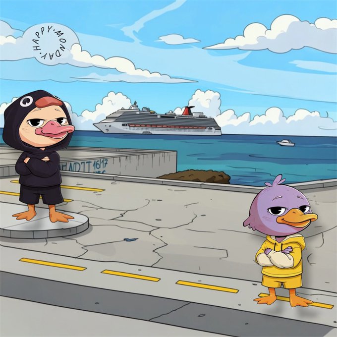 The image features two cartoon ducks standing next to each other, one wearing a black hoodie and the other wearing a yellow hoodie. They are positioned near a body of water with a cruise ship visible in the background. The caption for the image reads "gm gm x famm happy monday lets crush dis week touchin grass fasho gettin my @sleepagotchi schedule together is a must quacking still my thing @wallchain".