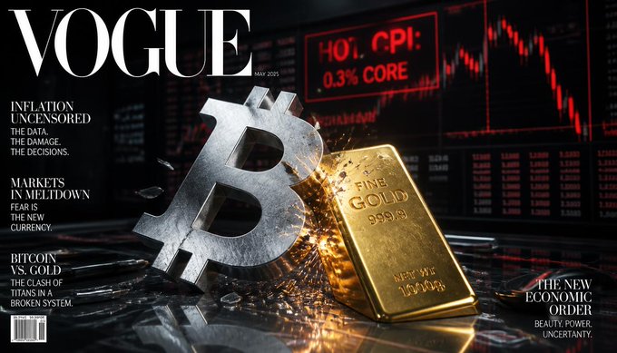 A Vogue magazine cover (May 2025) featuring a Bitcoin symbol crashing into a gold bar, with headlines about 'Inflation Uncensored', 'Markets in Meltdown', 'Bitcoin vs Gold', and 'The New Economic Order'.