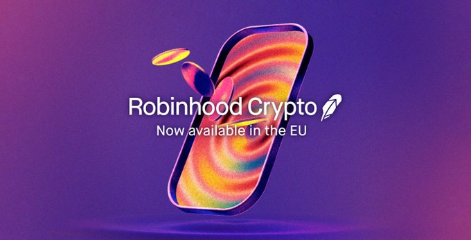 Advertisement image announcing 'Robinhood Crypto - Now available in the EU' featuring a stylized smartphone with colorful graphics.