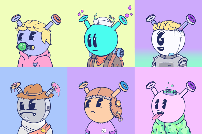 A grid of six cartoon characters with round heads, halo-like attachments, and varied outfits in different pastel colors.