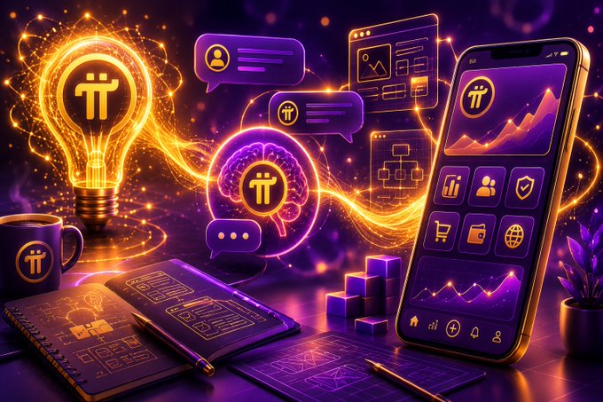 Vibrant purple and orange digital illustration depicting Pi (π) cryptocurrency ecosystem with a smartphone, lightbulb, brain, and various app icons glowing against a cosmic background.