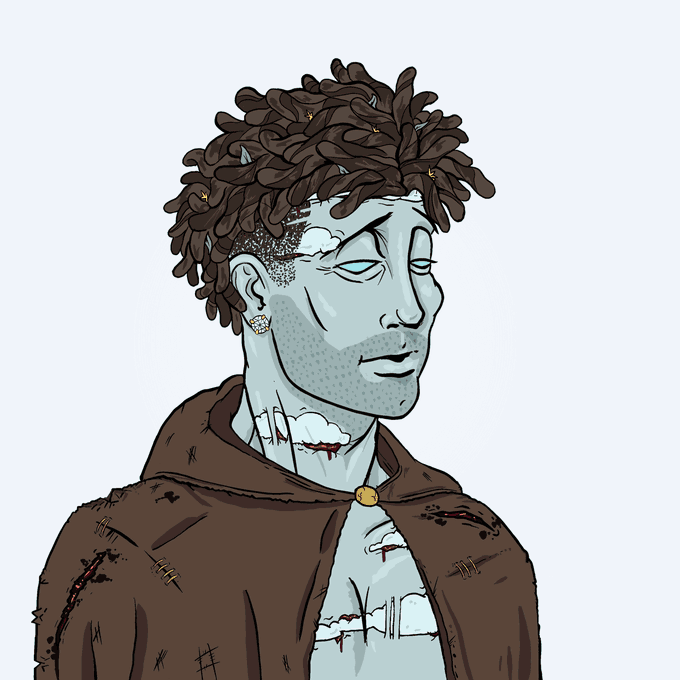 A digital illustration of a cartoon character with dark dreadlocks, pale blue skin, wearing a torn brown hooded jacket with gold jewelry.