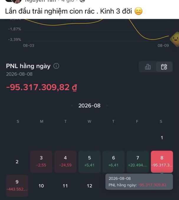 Vietnamese-language financial trading screenshot showing a daily PNL (profit and loss) of -95,317,309.82 VND on August 8, 2026, with a caption reading "Lần đầu trải nghiệm cion rác . Kinh 3 đời" (First time experiencing junk coins. Generational trauma).