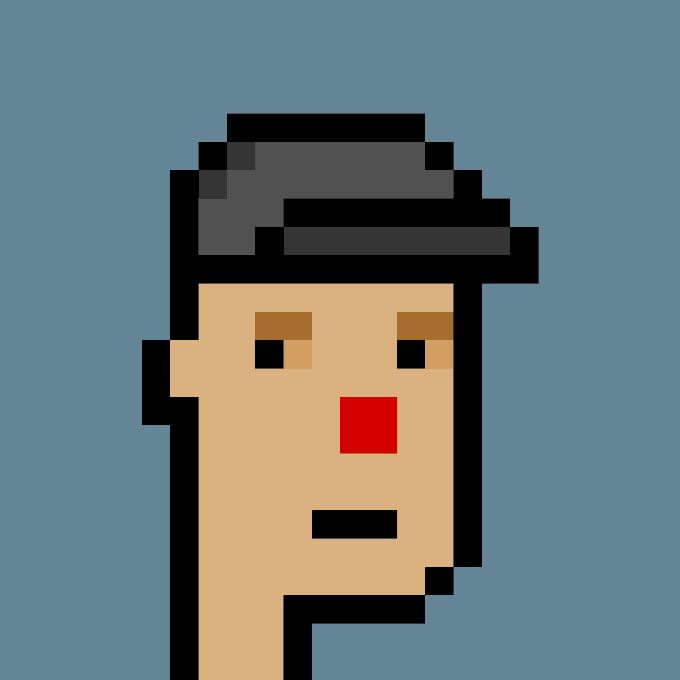 A low-resolution pixel art portrait of a person's face with dark hair, tan skin, and red lips against a solid blue background.