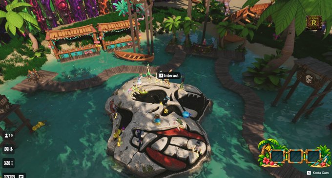 A screenshot from a colorful pirate-themed video game showing a large skull-shaped island in tropical turquoise waters, with wooden walkways, market stalls, and palm trees, along with UI elements including an 'Interact' prompt.