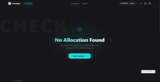 A TermMax interface (Season 0) shows 'No Allocation Found' message indicating the wallet isn't eligible for the TMX airdrop, with a 'Start Earning' button.