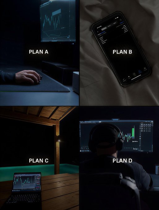 A four-panel image showing trading setups labeled "PLAN A" (desktop with monitor), "PLAN B" (phone on bed), "PLAN C" (laptop under a gazebo by water), and "PLAN D" (person at multi-monitor setup with headset), illustrating the "go hard or go harder" mindset of trading from anywhere at any time.