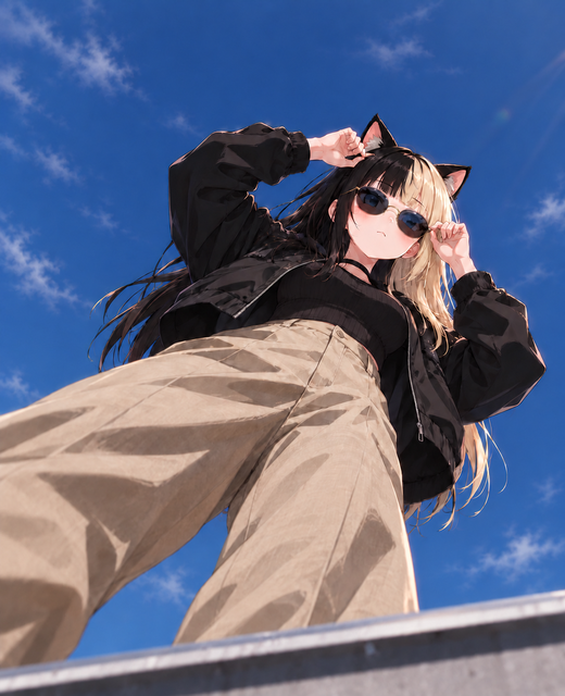 An anime-style illustration of a girl with black and blonde hair wearing cat ears, sunglasses, a black jacket, and beige cargo pants, photographed from a low angle against a blue sky.