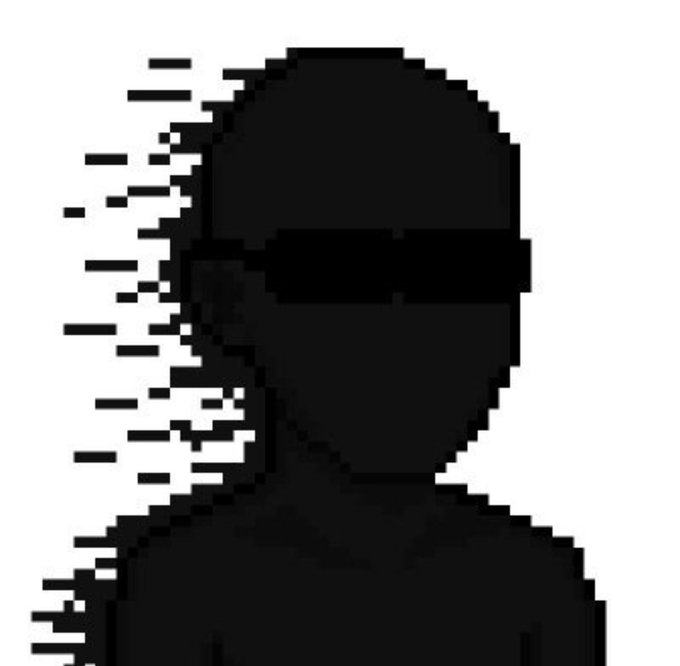 The image features a pixelated silhouette of a helmeted figure, resembling a visor-wearing character partially dissolving into black particles on the left side, with no visible text or numbers. It relates to the post by visually evoking an anonymized, glitchy identity that fits the cryptic "Apply WL" (whitelist) invitation to the "fomorians.family" crypto/NFT project.