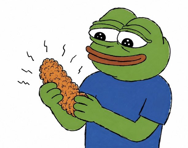 The image shows the classic "Pep the Frog" meme holding a piece of fried chicken (commonly known as "tendies" in internet slang), which perfectly illustrates the WallStreetBets reference to "$TENDIES" as slang for gains/profits and a celebrated meme in trading culture.