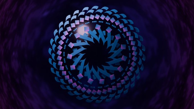 A hypnotic digital artwork featuring a spiral of geometric cubes in blue and purple tones forming a tunnel-like vortex.