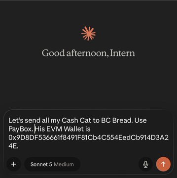 A Claude AI chat interface displays the greeting "Good afternoon, Intern" with a user prompt instructing to send all Cash Cat tokens to BC Bread's EVM wallet address (0x9D8DF536661f8491F81Cb4C554EedCb914D3A24E) via PayBox, congratulating BC Bread on being "PayBox'd."