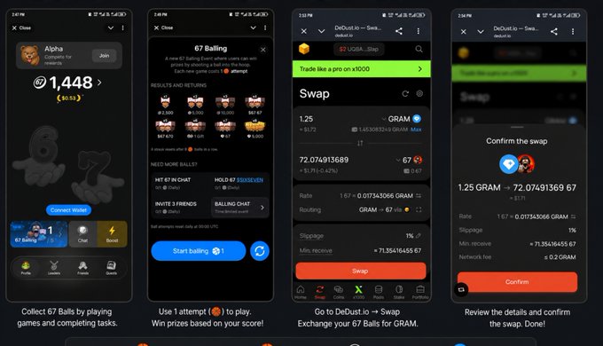 A series of four mobile app screenshots showing an "Alpha" profile with "1,448" points, a "67 Bailing" gaming feature, and a DeDust.io swap exchanging 1.25 GRAM for 72.07491369 tokens.
