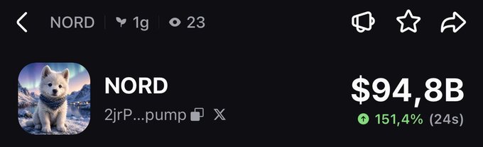 A screenshot showing a cryptocurrency named "NORD" (ticker 2jrP...pump) with a Shiba Inu dog logo, displaying a price or market cap of $94.8B with a 151.4% gain over 24 seconds, suggesting an absurdly rapid and likely suspicious pump typical of scam coins. This image illustrates the post's implication of an unreliable "finance professor" touting a dubious token likely designed to artificially inflate value before a rug pull.