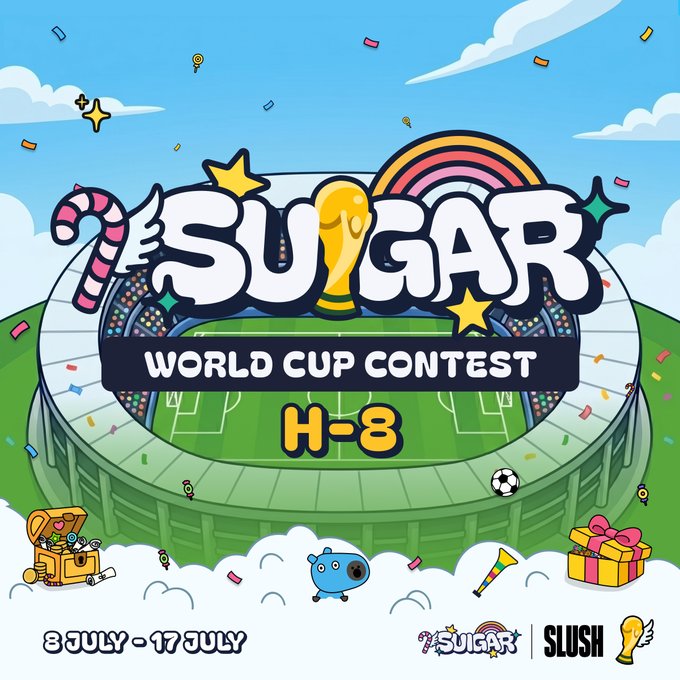 A colorful promotional graphic for the '7SUGAR World Cup Contest H-8' running from 3 July to 17 July, in partnership with SLUSH, featuring a stadium illustration with a trophy, rainbow, and confetti.