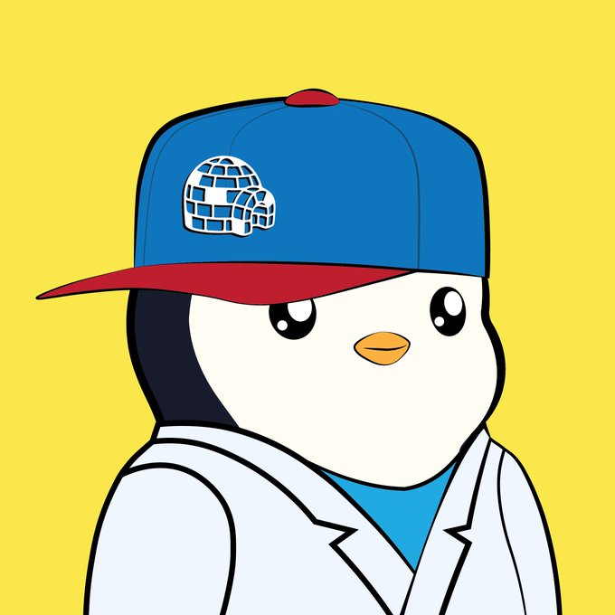 An illustration of a cartoon penguin wearing a blue and red baseball cap with an igloo logo, set against a solid yellow background.