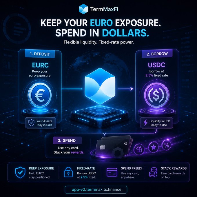 A dark blue promotional graphic for TermMaxFi with the headline 'KEEP YOUR EURO EXPOSURE. SPEND IN DOLLARS.', illustrating the flow from depositing EURC to borrowing USDC and spending via card, with the URL app-v2.termmax.ts.finance.