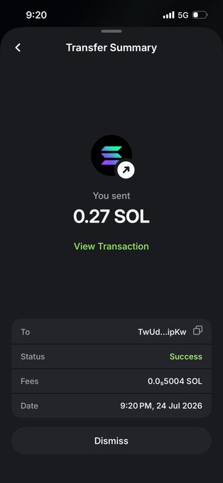A screenshot of a crypto wallet Transfer Summary confirming a successful transaction of 0.27 SOL sent on 24 Jul 2026, likely serving as proof of payment for the giveaway winner @dpXmaki mentioned in the post.