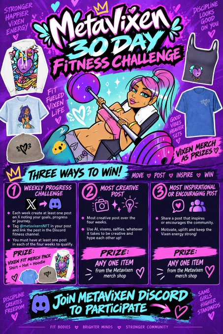 A vibrant purple promotional poster for 'MetaVixen 30 Day Fitness Challenge' detailing three ways to win (Weekly Progress Challenge, Most Creative Post, Most Inspirational Post) with merch prizes and Discord participation info.