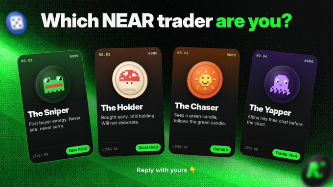 A promotional graphic titled 'Which NEAR trader are you?' features four character cards: 'The Sniper' (New Pairs), 'The Holder' (Most Held), 'The Chaser' (Gainers), and 'The Yapper' (Trader chat).