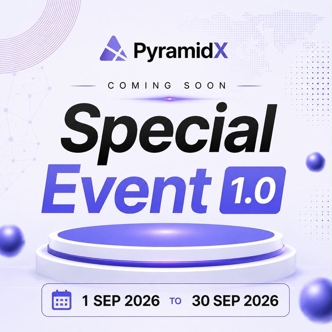 A promotional graphic for PyramidX announcing their "Special Event 1.0" coming soon, featuring the event dates (1 Sep 2026 to 30 Sep 2026) prominently displayed beneath a stylized purple and white podium design. The image complements the announcement of upcoming challenges with USDT and PX prizes running throughout September.