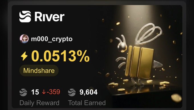 A River crypto platform dashboard showing 0.0513% Mindshare for user m000_crypto, with 15 daily reward and 9,604 total earned.