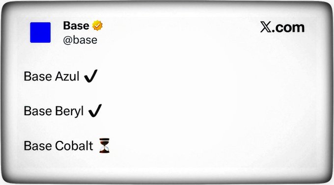A tweet from @base on X.com listing 'Base Azul ✓', 'Base Beryl ✓', and 'Base Cobalt ⏳'.