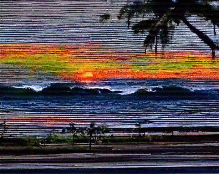 The image shows a beautiful sunset over ocean waters with palm trees swaying under the setting sun, creating a picturesque scene at dusk. The sky is filled with warm colors as the sun begins its descent. This picturesque view has been captured in what appears to be an upscale photography project or commercial advertisement where the photo is selling for "$$", indicating it's being offered online for sale.