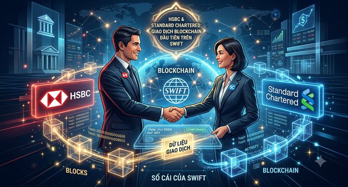 An illustrated graphic showing two business figures shaking hands, representing a 'BLOCKCHAIN' deal between 'HSBC & STANDARD CHARTERED' and 'SWIFT', with text including 'GIAO DỊCH BLOCKCHAIN' and 'BLOCKS'.