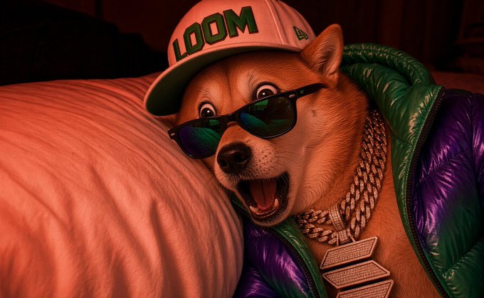 A digitally rendered Shiba Inu dog wearing a white 'LOOM' cap, black sunglasses, a gold chain, and a purple and green puffer jacket appears to be shouting with its mouth wide open.
