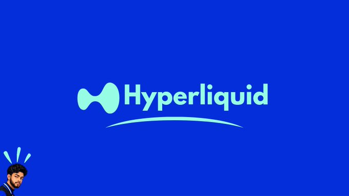 A bright blue screen displays the light-blue “Hyperliquid” logo and wordmark, with a small cartoon avatar in the lower-left corner.