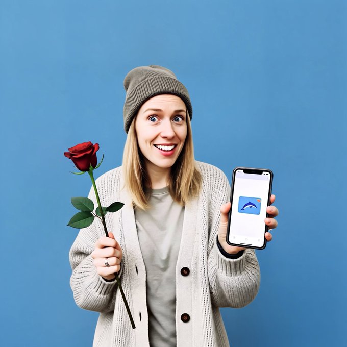A woman in a beanie and cardigan holds a red rose in one hand and a smartphone displaying an app in the other, smiling excitedly against a blue background.