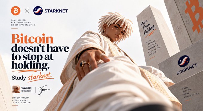 A promotional graphic for a Bitcoin x Starknet collaboration features a person with blonde locs extending their hand toward the camera, alongside text reading "Bitcoin doesn't have to stop at holding. Study starknet" and "More Than Holding. DeFi, Lending, Payments, Real World Assets," illustrating the post's message about strkBTC's role in expanding Bitcoin utility beyond passive holding through Starknet's ecosystem.