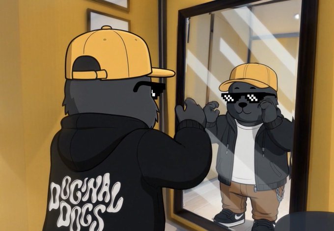 An animated scene of a bear character wearing a yellow cap and a black hoodie labeled "DOGINAL DOGS," looking into a mirror at its reflection wearing pixelated sunglasses.