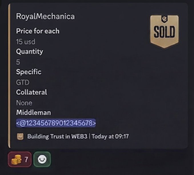 A sold trade listing for 'RoyalMechanica' shows a price of 15 USD each, quantity 5, GTD specific, with no collateral and middleman @123456789012345678, posted in 'Building Trust in WEB3'.