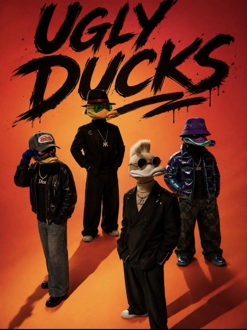 Four anthropomorphic ducks in streetwear pose beneath bold, graffiti-style text reading "UGLY DUCKS" against a vibrant orange backdrop, perfectly embodying the caption's message of standing out from the crowd through individuality and bold self-expression.