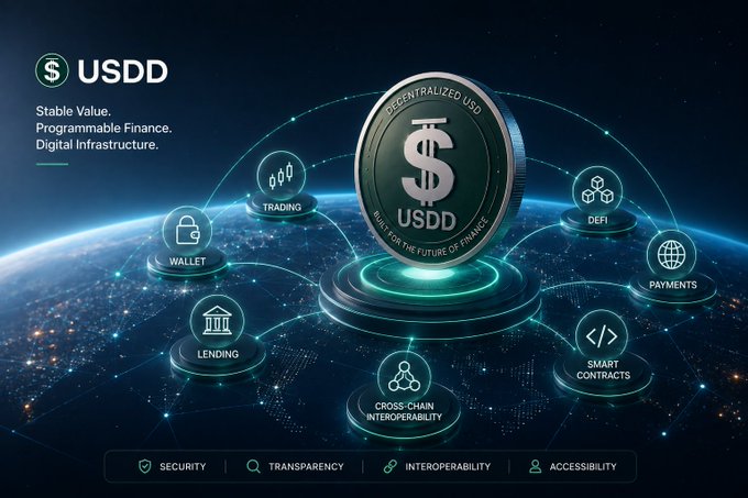 The image showcases USDD, labeled as "Decentralized USD" and "Built for the Future of Finance," with a tagline highlighting "Stable Value. Programmable Finance. Digital Infrastructure." It visually maps USDD's role in blockchain by connecting key use cases—Trading, Wallet, DeFi, Payments, Smart Contracts, Cross-Chain Interoperability, and Lending—anchored by the core pillars of Security, Transparency, Interoperability, and Accessibility.

The graphic directly reinforces the post's message about digital money by illustrating USDD as the foundational infrastructure enabling dollar-denominated value to flow seamlessly across decentralized financial ecosystems.