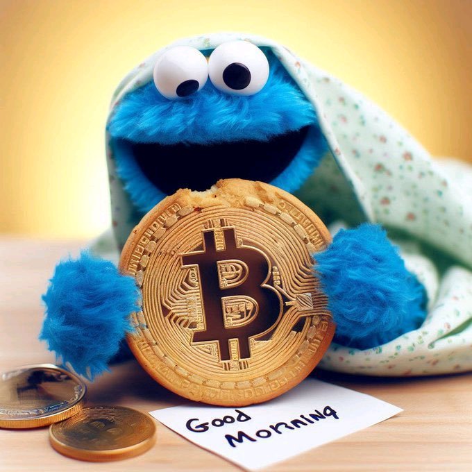 A Cookie Monster plush toy wrapped in a floral blanket holding a large chocolate Bitcoin coin, sitting next to a 'Good Morning' note and smaller coins.