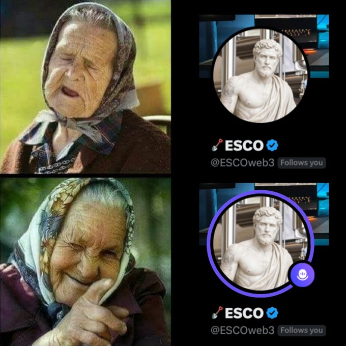 A meme contrasting an elderly woman's unhappy face (top) with her smiling face (bottom), paired with screenshots of an 'ESCO @ESCOweb3' Twitter profile showing a muscular statue avatar, implying a transformation.