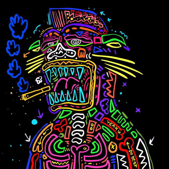 A vibrant neon-style digital illustration of a monstrous creature with sharp teeth, wild fur, and psychedelic patterns against a black background, featuring the words 'YEAH' and 'DO BEST'.