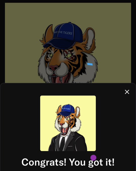 A mobile app interface displays a tiger wearing a blue 'SAVE THE TIGERS' cap, with a congratulatory pop-up showing the tiger in a suit and the text 'Congrats! You got it!'.