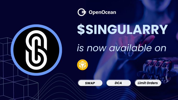 The image is an advertisement for Singularry, a new trading app developed by OpenOcean that allows users to trade on the token market without needing access to cryptocurrency exchanges or wallets. It's now available on their platform, as indicated by the text in the advertisement. The background of the advertisement features a blue color scheme and is adorned with various symbols, including the Singularary logo, which indicates the app's purpose.