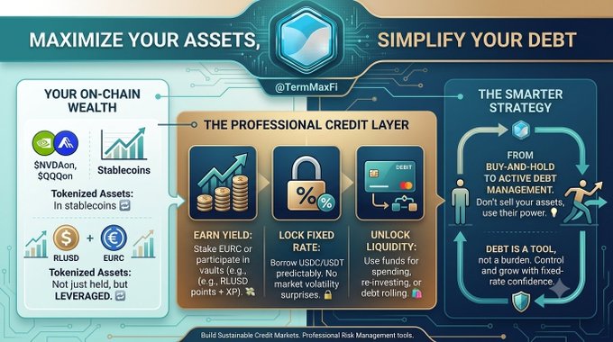 A promotional graphic for @TermMaxFi with the tagline 'MAXIMIZE YOUR ASSETS, SIMPLIFY YOUR DEBT,' advertising tokenized assets including $SNVDAAon and $SOQQon with stablecoins.