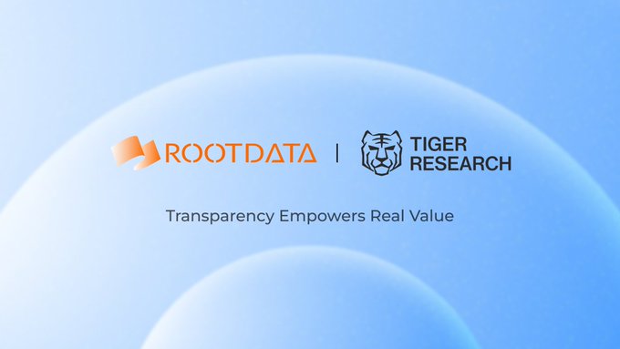 A banner with the logos 'ROOTDATA' and 'TIGER RESEARCH' alongside the tagline 'Transparency Empowers Real Value' on a blue background.