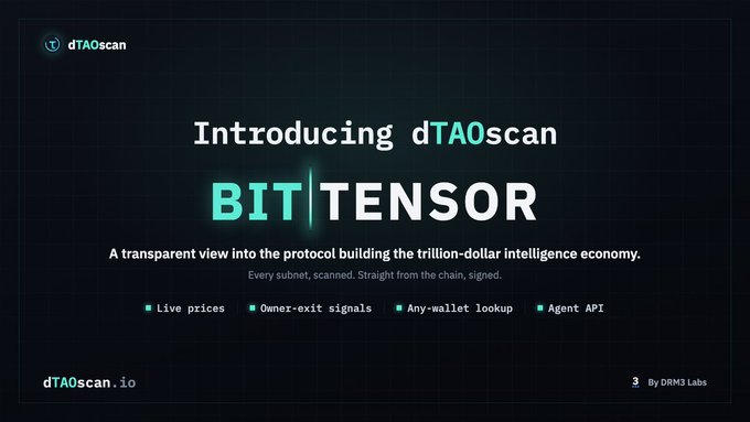 A promotional graphic for 'dTAOscan' introducing 'BITENSOR' as 'A transparent view into the protocol building the trillion-dollar intelligence economy,' featuring live prices, owner-exit signals, any-wallet lookup, and agent API features, by DRM3 Labs at dTAOscan.io.